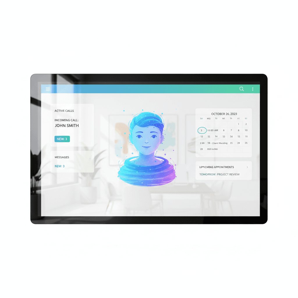 AI-powered digital receptionist interface in a modern office setting