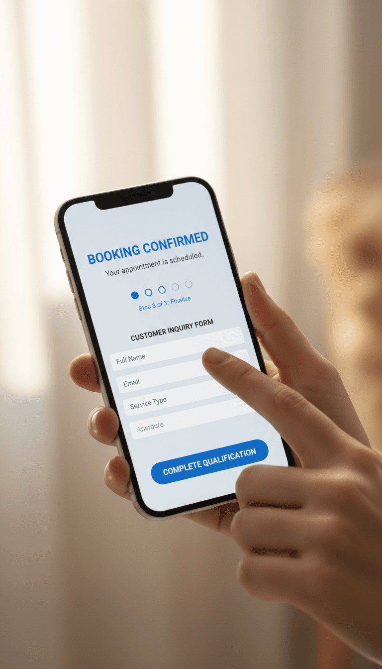 Close-up of smartphone screen showing automated booking confirmation and customer inquiry form with hand visible