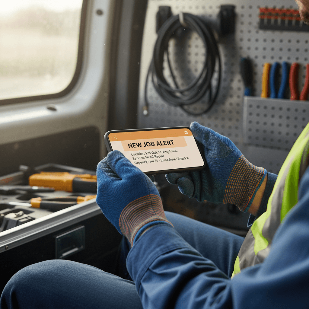 Tradesperson in work uniform reviewing job details on smartphone in bright van interior
