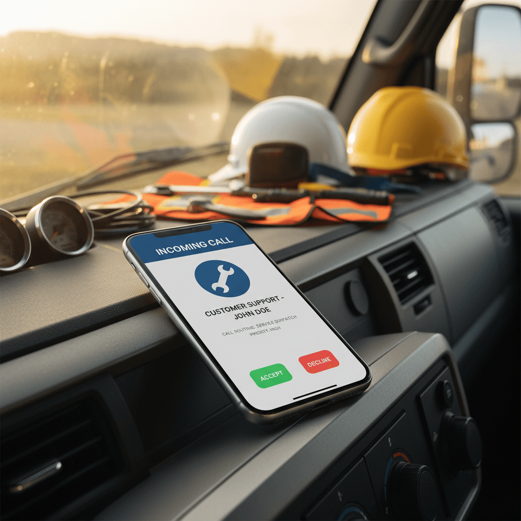 Smartphone call notification on work truck dashboard showing incoming customer call from service business platform